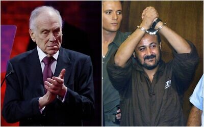 Montage photos (de gauche à droite) : Le président du Congrès juif mondial, Ronald Lauder (à gauche), s'exprimant lors d'une commémoration du 80e anniversaire de la libération du camp de concentration et d'extermination nazi allemand d'Auschwitz-Birkenau par l'Armée rouge, à Oswiecim, en Pologne, le 27 janvier 2025 ; Marwan Barghouti levant les mains menottées en l'air lors de la première journée de son procès à Tel Aviv, le 14 août 2002. (Crédits :  Wojtek Radwanski/AFP ; Brennan Linsley/AP)