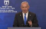 Le Premier ministre Benjamin Netanyahu s'adressant à la population après la signature de l'accord de cessez-le-feu et de libération des otages entre Israël et le Hamas, le 10 octobre 2025. (Crédit : Capture d'écran/GPO)