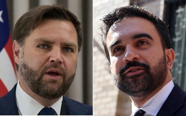 A gauche : Le vice-président américain JD Vance, à la résidence du président israélien, à Jérusalem, le 22 octobre 2025. (AP Photo/Leo Correa, Pool) ; A droite : Zohran Mamdani, le candidat démocrate favori des élections municipales à New York, prend la parole devant une mosquée et un centre culturel du Bronx, le 24 octobre 2025. (SPENCER PLATT / GETTY IMAGES AMÉRIQUE DU NORD / Getty Images via AFP) A gauche : Le vice-président américain JD Vance, à la résidence du président israélien, à Jérusalem, le 22 octobre 2025. (AP Photo/Leo Correa, Pool) ; A droite : Zohran Mamdani, le candidat démocrate favori des élections municipales à New York, prend la parole devant une mosquée et un centre culturel du Bronx, le 24 octobre 2025. (SPENCER PLATT / GETTY IMAGES AMÉRIQUE DU NORD / Getty Images via AFP)