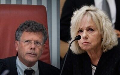 Sur ce composite, on voit le président de la Cour suprême Isaac Amit (à gauche) et la procureure générale Gali Baharav-Miara (Yonatan Sindel et Oren Ben Hakoon/Flash90)