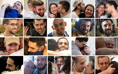 Montage photos des vingt otages vivants libérés le 13 octobre 2025 : Première rangée, de gauche à droite : Elkana Bohbot, Matan Angrest, Avinatan Or, Yosef-Haïm Ohana, Alon Ohel. Deuxième rangée, de gauche à droite : Evyatar David, Guy Gilboa-Dalal, Rom Braslavski, Gali Berman, Ziv Berman. Troisième rangée, à partir de la gauche : Eitan Mor, Segev Kalfon, Nimrod Cohen, Maxim Herkin, Eitan Horn. Dernière rangée, à partir de la gauche : Matan Zangauker, Bar Kupershtein, David Cunio, Ariel Cunio, Omri Miran (Crédits : Times of Israel ; Armée israélienne et Bureau du Premier ministre)