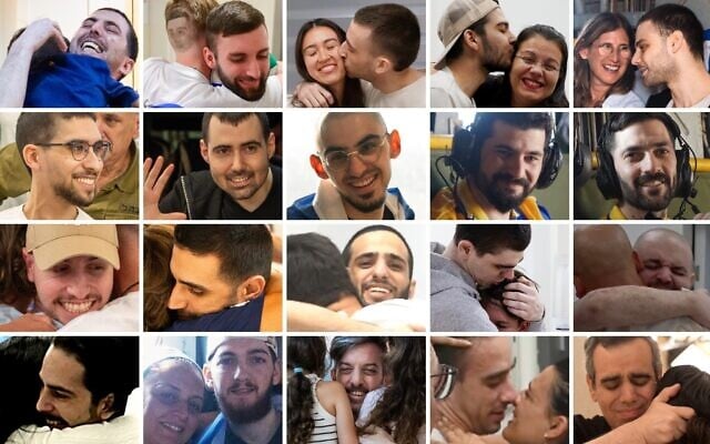 Montage photos des vingt otages vivants libérés le 13 octobre 2025 : Première rangée, de gauche à droite : Elkana Bohbot, Matan Angrest, Avinatan Or, Yosef-Haïm Ohana, Alon Ohel. Deuxième rangée, de gauche à droite : Evyatar David, Guy Gilboa-Dalal, Rom Braslavski, Gali Berman, Ziv Berman. Troisième rangée, à partir de la gauche : Eitan Mor, Segev Kalfon, Nimrod Cohen, Maxim Herkin, Eitan Horn. Dernière rangée, à partir de la gauche : Matan Zangauker, Bar Kupershtein, David Cunio, Ariel Cunio, Omri Miran (Crédits : Times of Israel ; Armée israélienne et Bureau du Premier ministre) Montage photos des vingt otages vivants libérés le 13 octobre 2025 : Première rangée, de gauche à droite : Elkana Bohbot, Matan Angrest, Avinatan Or, Yosef-Haïm Ohana, Alon Ohel. Deuxième rangée, de gauche à droite : Evyatar David, Guy Gilboa-Dalal, Rom Braslavski, Gali Berman, Ziv Berman. Troisième rangée, à partir de la gauche : Eitan Mor, Segev Kalfon, Nimrod Cohen, Maxim Herkin, Eitan Horn. Dernière rangée, à partir de la gauche : Matan Zangauker, Bar Kupershtein, David Cunio, Ariel Cunio, Omri Miran (Crédits : Times of Israel ; Armée israélienne et Bureau du Premier ministre)