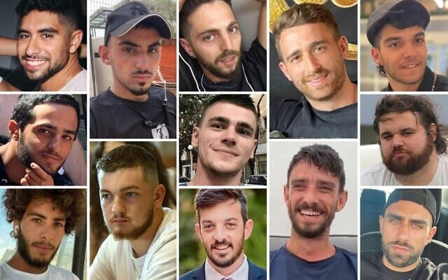 Le deuxième groupe d'otages qui devrait être libéré le 13 octobre 2025 : Au premier rang, de gauche à droite : Evyatar David, Rom Braslavski, Elkana Bohbot, Avinatan Or, Yosef-Haim Ohana ; Deuxième rangée, à partir de la gauche : Nimrod Cohen, Maxim Herkin, Eitan Horn ; Troisième rangée, à partir de la gauche : Matan Zangauker, Bar Kupershtein, David Cunio, Ariel Cunio, Segev Kalfon. (Autorisation) Le deuxième groupe d'otages qui devrait être libéré le 13 octobre 2025 : Au premier rang, de gauche à droite : Evyatar David, Rom Braslavski, Elkana Bohbot, Avinatan Or, Yosef-Haim Ohana ; Deuxième rangée, à partir de la gauche : Nimrod Cohen, Maxim Herkin, Eitan Horn ; Troisième rangée, à partir de la gauche : Matan Zangauker, Bar Kupershtein, David Cunio, Ariel Cunio, Segev Kalfon. (Autorisation)
