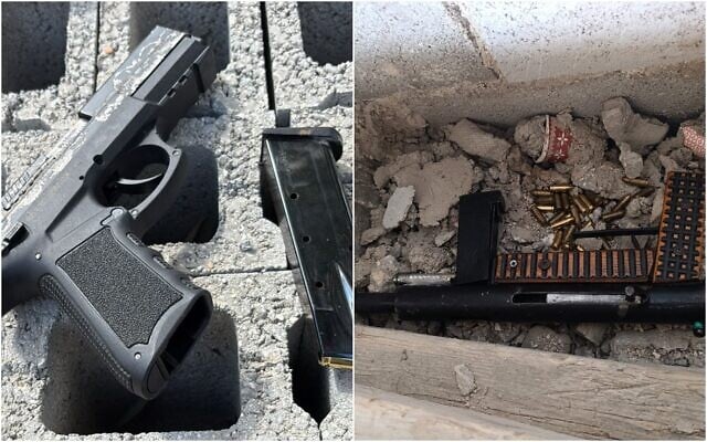 Des armes appartenant à un suspect palestinien qui a été arrêté par les troupes israéliennes près du parc national de Hérodion, dans le sud de la Cisjordanie, le 12 octobre 2025. (Crédit : Armée israélienne)