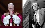 Le pape Léon XIV (à gauche) estime que le film de Roberto Benigni sur la Shoah, « La vie est belle », est l'un de ses favoris. (Crédit : Christopher Furlong/Getty Images / Sergio Strizzi, archives Michael Ochs/Getty Images via JTA)