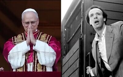 Le pape Léon XIV (à gauche) estime que le film de Roberto Benigni sur la Shoah, « La vie est belle », est l'un de ses favoris. (Crédit : Christopher Furlong/Getty Images / Sergio Strizzi, archives Michael Ochs/Getty Images via JTA)