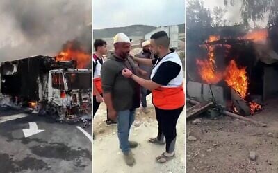 Des captures d’écran d'une vidéo publiée sur X montrant les conséquences d'une attaque supposée perpétrée par des résidents d'implantations, près de Tulkarem le 11 novembre 2025. (Crédits : Capture d'écran/X ; utilisées conformément à la clause 27a de la loi sur le droit d'auteur)