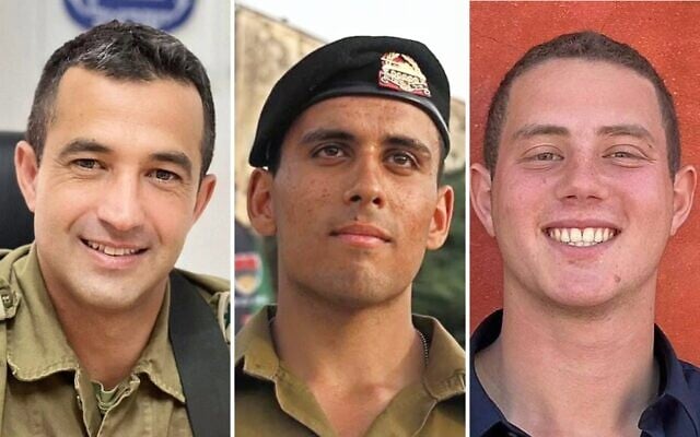 Composite (de gauche à droite) : Le colonel Asaf Hamami, le sergent-chef Oz Daniel et le capitaine Omer Neutra, morts au combat contre des terroristes le 7 octobre 2023, dont les corps ont été rapatriés en Israël le 2 novembre 2025. (Crédits : Autorisation)
