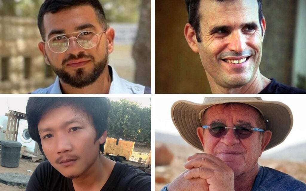 Les quatre otages assassinés dont les corps étaient toujours retenus à Gaza au 13 novembre 2025 (dans le sens des aiguilles d'une montre à partir du haut à gauche) : Ran Gvili, Dror Or, Meny Godard et Sudthisak Rinthalak. (Crédit : Collage réalisé par Times of Israel ; photos : autorisation)