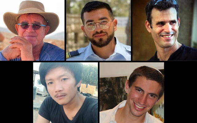 Les cinq otages décédés dont les corps étaient toujours retenus à Gaza au 8 novembre 2025 : (Rangée du haut, de gauche à droite) Meny Godard, Ran Gvili, Dror Or ; (Rangée du bas) Sudthisak Rinthalak, Hadar Goldin. (Montage du Times of Israel ; Photos : avec l’aimable autorisation du Times of Israel)