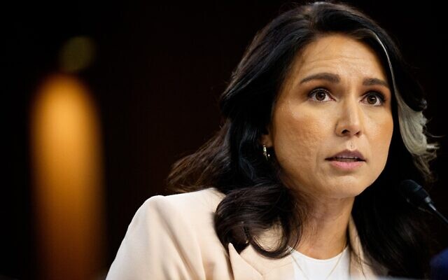 La directrice nationale du renseignement américain, Tulsi Gabbard, s'exprimant lors d'une audience de la commission sénatoriale du renseignement, à Washington, le 25 mars 2025. (Crédit : Andrew Harnik/Getty Images/AFP)