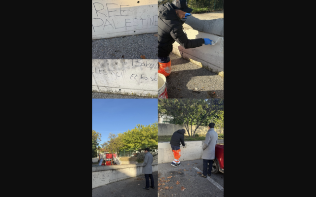 Les tags antisémites découverts dans un jardin d’enfants de Marseille, et leur effacement, le 13 novembre 2025. (Crédit : Sylvain Souvestre/X.com)