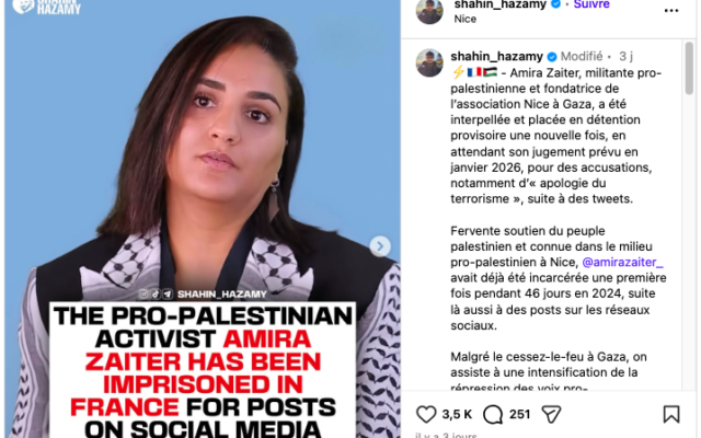 Message d’un soutien d’Amira Zaiter sur Instagram, posté le 14 novembre 2025. (Crédit : Capture d’écran Instagram)