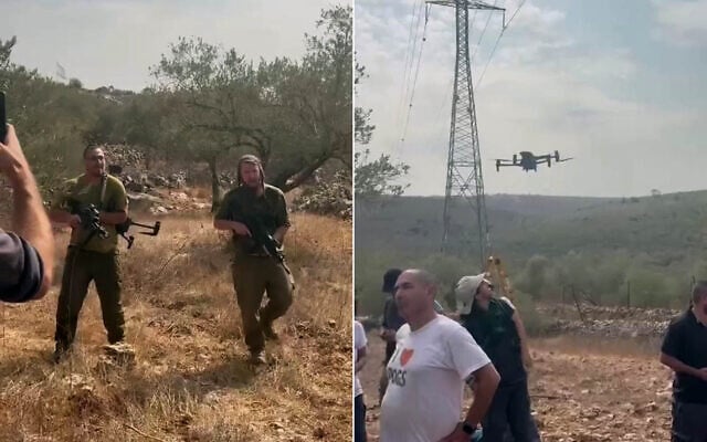Un drone survolant un groupe de bénévoles lors d'une récolte d'olives en Cisjordanie, le 4 novembre 2025. Après que le drone est tombé sur une bénévole, des hommes en uniforme de l'armée israélienne sont venus le récupérer, mais l'un d'eux a tiré des coups de semonce. (Crédit : Capture d'écran/Facebook)