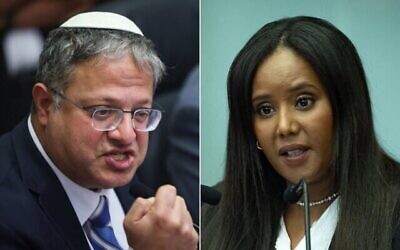 De gauche à droite : Le ministre de la Sécurité intérieure, Itamar Ben Gvir, lors d'une réunion de la commission de la sécurité nationale à la Knesset, le 3 novembre 2025. (Chaim Goldberg/Flash90) ; La députée Pnina Tamano-Shata donne une conférence de presse à la Knesset, à Jérusalem, le 29 juillet 2025. (Chaim Goldberg/Flash90)