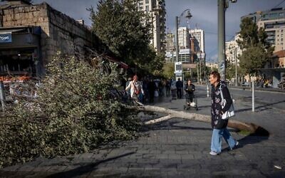 Des passants regardent un arbre arraché par des vents violents non loin du marché Mahane Yehuda de Jérusalem, le 14 novembre 2025. (Crédit : Yonatan Sindel/Flash90)
