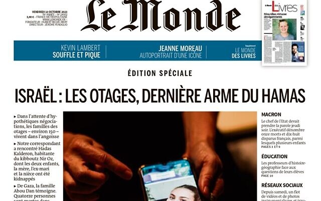 La Une du journal "Le Monde" du 13 octobre 2023. La Une du journal "Le Monde" du 13 octobre 2023.