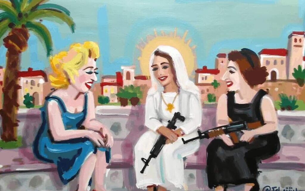Une impression numérique de Marat Guelman représentant Marilyn Monroe, Madonna et Golda Meïr dans l'exposition « Bad / Good Jews », à Berlin, du 13 novembre 2025 au 27 novembre 2025. (Crédit : Autorisation)