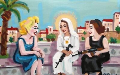 Une impression numérique de Marat Guelman représentant Marilyn Monroe, Madonna et Golda Meïr dans l'exposition « Bad / Good Jews », à Berlin, du 13 novembre 2025 au 27 novembre 2025. (Crédit : Autorisation)