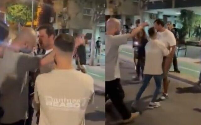 Un homme est interpellé par des policiers en civil après être resté silencieusement debout devant des manifestants d'extrême droite lors d'une manifestation à Tel Aviv, le 22 novembre 2025. (Crédit : Capture d'écran/X)
