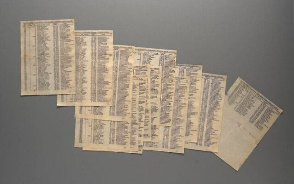 La liste originale dressée par Oskar Schindler, répertoriant quelque 1 100 prisonniers juifs qu'il a sauvés à Brünnlitz, exposée dans l'exposition "Living Memory" (Mémoire vivante) du mémorial Yad Vashem. (Crédit : Yad Vashem)