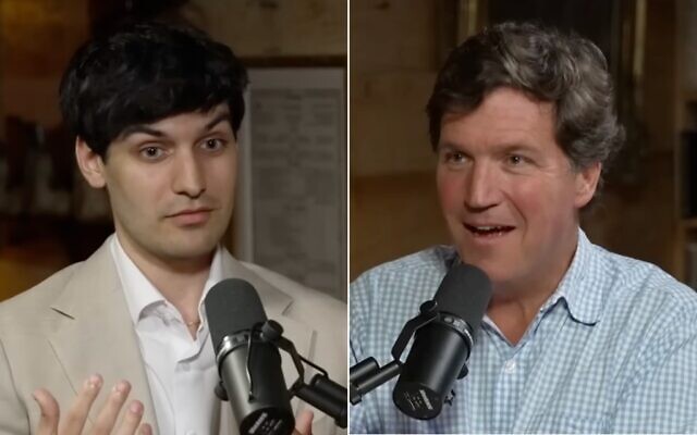 Nalin Haley (à gauche) s'entretient avec Tucker Carlson (à droite) dans le podcast de ce dernier, dans une interview publiée le 19 novembre 2025. (Crédit : Capture d'écran, The Tucker Carlson Show sur YouTube)
