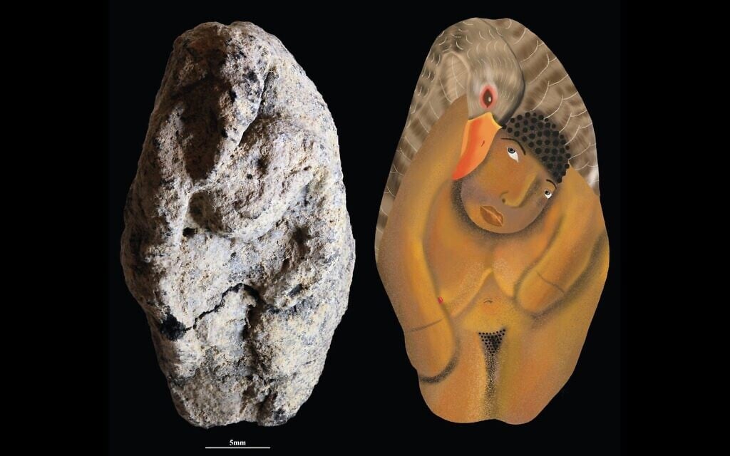 Une figurine en argile natoufienne vieille de 12 000 ans provenant du site archéologique de Nahal Ein Gev II, près du lac de Tibériade, représentant une femme et une oie, et une reconstitution artistique de la scène. Cette découverte a été annoncée dans une étude publiée dans la revue PNAS le 17 novembre 2025. (Crédit : Laurent Davin/Université hébraïque)