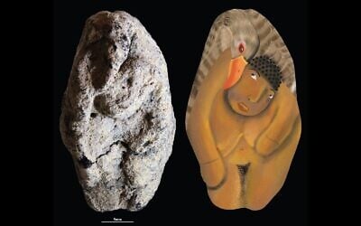Une figurine en argile natoufienne vieille de 12 000 ans provenant du site archéologique de Nahal Ein Gev II, près du lac de Tibériade, représentant une femme et une oie, et une reconstitution artistique de la scène. Cette découverte a été annoncée dans une étude publiée dans la revue PNAS le 17 novembre 2025. (Crédit : Laurent Davin/Université hébraïque)