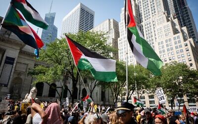 Illustration : Des manifestants anti-Israël brandissant le drapeau "palestinien", à New York, le 16 août 2025. (Crédit : Luke Tress/Times of Israel)