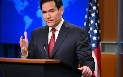 Le secrétaire d'État américain Marco Rubio lors d'une conférence de presse de fin d'année, dans la salle de presse du département d'État, à Washington, le 19 décembre 2025. (Crédit : Mandel Ngan/AFP)