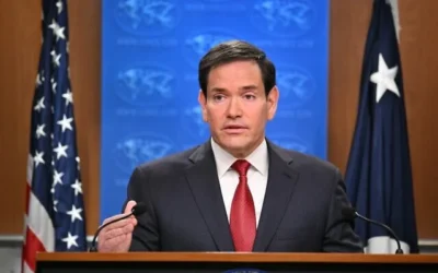 Le secrétaire d'État américain Marco Rubio lors d'une conférence de presse de fin d'année dans la salle de presse du département d'État à Washington, DC, le 19 décembre 2025. (Crédit : Mandel NGAN / AFP)