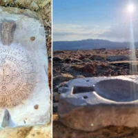 Ce moule en calcaire datant de 1400 ans, qui servait à la fabrication de fioles décorées d'une croix et revêtues de l'inscription « Bénédiction du Seigneur des lieux saints », a été découvert à Hyrcanie, dans le désert de Judée, en Cisjordanie. (Michal Haber/Institut d'archéologie de l'Université hébraïque de Jérusalem)