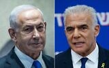 Montage photos (de gauche à droite) : Le Premier ministre Benjamin Netanyahu lors d'un débat dit "des 40 signatures", dans la salle plénière de la Knesset, le 8 décembre 2025 ; le chef de l'opposition et chef du parti Yesh Atid, le député Yaïr Lapid, dirigeant une réunion de faction de la Knesset, à Jérusalem, le 1ᵉʳ décembre 2025. (Crédits : Chaïm Goldberg/Flash90 ; Yonatan Sindel/Flash90)