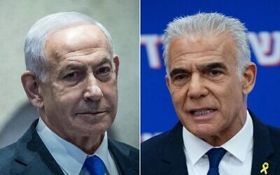 Montage photos (de gauche à droite) : Le Premier ministre Benjamin Netanyahu lors d'un débat dit "des 40 signatures", dans la salle plénière de la Knesset, le 8 décembre 2025 ; le chef de l'opposition et chef du parti Yesh Atid, le député Yaïr Lapid, dirigeant une réunion de faction de la Knesset, à Jérusalem, le 1ᵉʳ décembre 2025. (Crédits : Chaïm Goldberg/Flash90 ; Yonatan Sindel/Flash90)