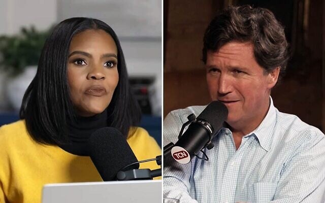 Montage photos (de gauche à droite) : Candace Owens lors de son podcast, le 20 décembre 2025. ; Tucker Carlson lors de son podcast, le 22 décembre 2025. (Crédits : Capture d'écran/Candace Owens via YouTube ; Capture d'écran/Tucker Carlson via YouTube)