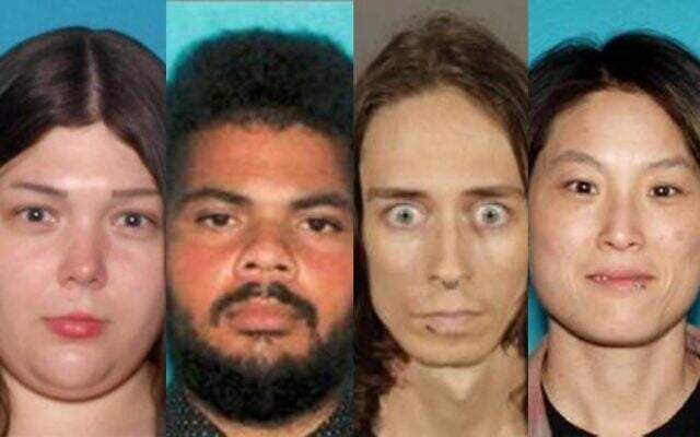 Montage photos (de gauche à droite) : Audrey Carroll, Dante Gaffield, Zachary Page et Tina Cheng-Ting, les auteurs présumés d'un complot d'attentat à la bombe d'extrême gauche en Californie, sur des photos publiées en décembre 2025. (Crédit : Bureau du procureur fédéral du district central de Californie) Montage photos (de gauche à droite) : Audrey Carroll, Dante Gaffield, Zachary Page et Tina Cheng-Ting, les auteurs présumés d'un complot d'attentat à la bombe d'extrême gauche en Californie, sur des photos publiées en décembre 2025. (Crédit : Bureau du procureur fédéral du district central de Californie)
