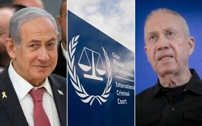 Montage photo (de gauche à droite) : Le Premier ministre Benjamin Netanyahu, à la Knesset, le 11 novembre 2024 ; vue extérieure de la Cour pénale internationale (CPI), à La Haye, aux Pays-Bas, le 30 avril 2024 ; Yoav Gallant, alors ministre de la Défense, lors d’une conférence de presse au quartier général militaire de Kirya, à Tel Aviv, le 5 novembre 2024. (Crédits : Yonatan Sindel/Flash90 ; AP/Peter Dejong ; Miriam Alster/Flash90)