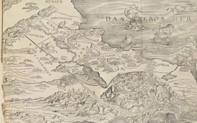 La carte de la Terre Sainte de Lucas Cranach l'Ancien dans l'Ancien Testament de Christopher Froschauer. (La bibliothèque Wren, Le Maître et les Fellows du Trinity College, Cambridge, CC BY-SA)