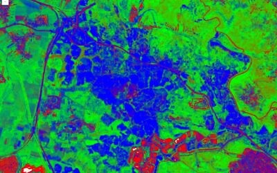 Une image satellite de la couverture végétale développée par des universités israéliennes pour le Fonds national juif KKL-JNF fin 2025. (Crédit : Autorisation)