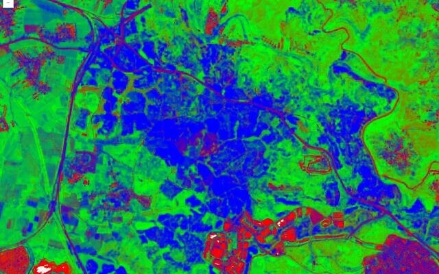 Une image satellite de la couverture végétale développée par des universités israéliennes pour le Fonds national juif KKL-JNF fin 2025. (Crédit : Autorisation)