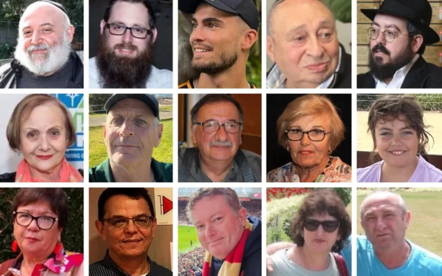 Les victimes de la fusillade terroriste de Hanoukka à Sydney : rangée supérieure (de gauche à droite) - Reuven Morrison, le rabbin Yaakov Levitan, Dan Elkayam, Alex Kleytman, le rabbin Eli Schlanger ; rangée du milieu (de gauche à droite) - Edith Brutman, Peter Meagher, Tibor Weitzen, Marika Pogany, Matilda [nom de famille non divulgué] ; rangée du bas (de gauche à droite) - Tania Tretiak, Boris Tetleroyd, Adam Smyth, Sofia et Boris Gurman. (Montage : Times of Israel ; images : Autorisations/Réseaux sociaux, utilisées conformément à la clause 27a de la loi sur le droit d'auteur)