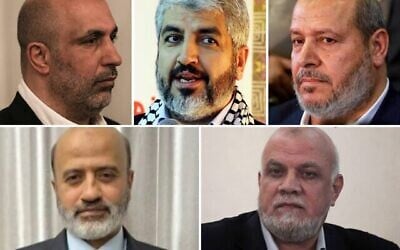 Image composite des cinq membres de la direction conjointe temporaire du Hamas. Rangée supérieure, de gauche à droite : Zaher Jabarin, Khaled Meshaal, Khalil al-Hayya. Rangée inférieure, de gauche à droite : Muhammad Ismail Darwish, Nizar Awadallah. (Crédits : Mahmud Hams/AFP, Louai Beshara/AFP, Hamas, Ashraf Amra/APA/ZUMA Press via Alamy)