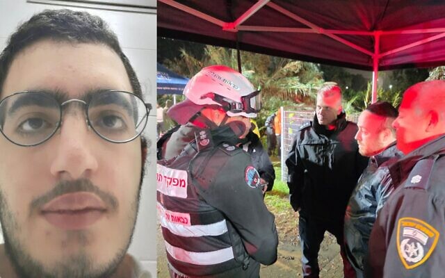 Montage photos (de gauche à droite) : Eliyahu Abba Shaul, 19 ans, porté disparu dans la région de Tel Aviv pendant la tempête Byron ; les autorités lors des recherches pour retrouver le jeune homme, le 12 décembre 2025. (Crédit : Police israélienne)