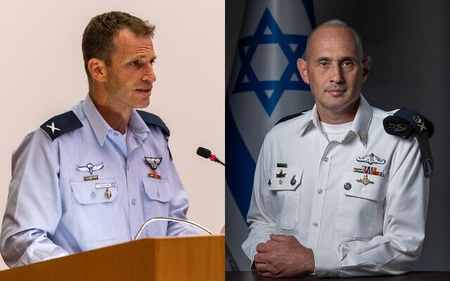 Le général de brigade Omer Tischler (à gauche) en 2021 et le vice-amiral Eyal Harel (à droite) en 2023. (Crédit : Nevo Levin/Armée de l'air israélienne ; Armée israélienne)