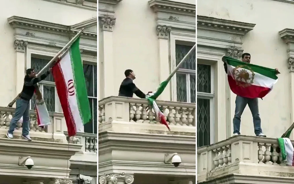 Un manifestant retirant le drapeau de l'ambassade d'Iran à Londres et le remplaçant par un drapeau d'avant la révolution islamique, le 10 janvier 2026. (Crédit : X ; utilisée conformément à l'article 27a de la loi sur le droit d'auteur)