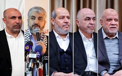 Montage photos (de gauche à droite) des cinq membres de la direction du Hamas visés par Israël au Qatar le 9 septembre 2025 : Zaher Jabarin, Khaled Meshaal, Khalil al-Hayya, Mahmoud Ismaïl Darwish, Nizar Awadallah. (Crédits : Mahmud Hams/Louai Beshara/KHAMENEI.IR/AFP)