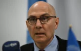 Le Haut-Commissaire des Nations Unies aux droits de l'homme, Volker Türk, s'exprime lors d'une conférence de presse à Damas, en Syrie, le 15 janvier 2025. (Crédit : Louai Beshara / AFP)