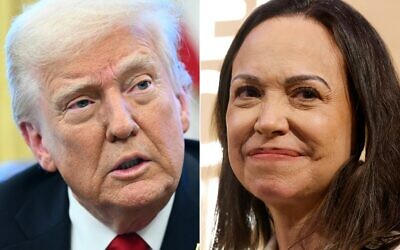 Cette combinaison d'images créée le 14 janvier 2026 montre le président américain Donald Trump à la Maison Blanche à Washington, DC, le 26 mars 2025, et la lauréate du prix Nobel de la paix Maria Corina Machado à Oslo, en Norvège, le 11 décembre 2025.  (Crédit :Mandel NGAN et Odd ANDERSEN / AFP)