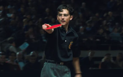 Cette image diffusée par A24 montre Timothée Chalamet dans une scène de « Marty Supreme ». (A24 via AP)