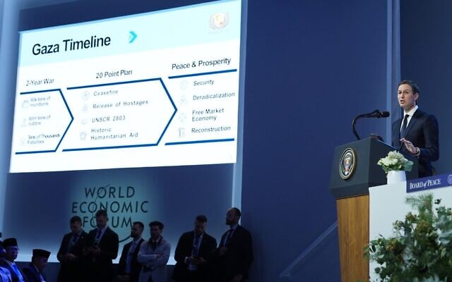 Jared Kushner s'exprimant après la signature de la Charte du « Conseil de Paix » lors de la réunion annuelle du Forum économique mondial, à Davos, en Suisse, le 22 janvier 2026. (Crédit : Evan Vucci/AP Photo) Jared Kushner s'exprimant après la signature de la Charte du « Conseil de Paix » lors de la réunion annuelle du Forum économique mondial, à Davos, en Suisse, le 22 janvier 2026. (Crédit : Evan Vucci/AP Photo)